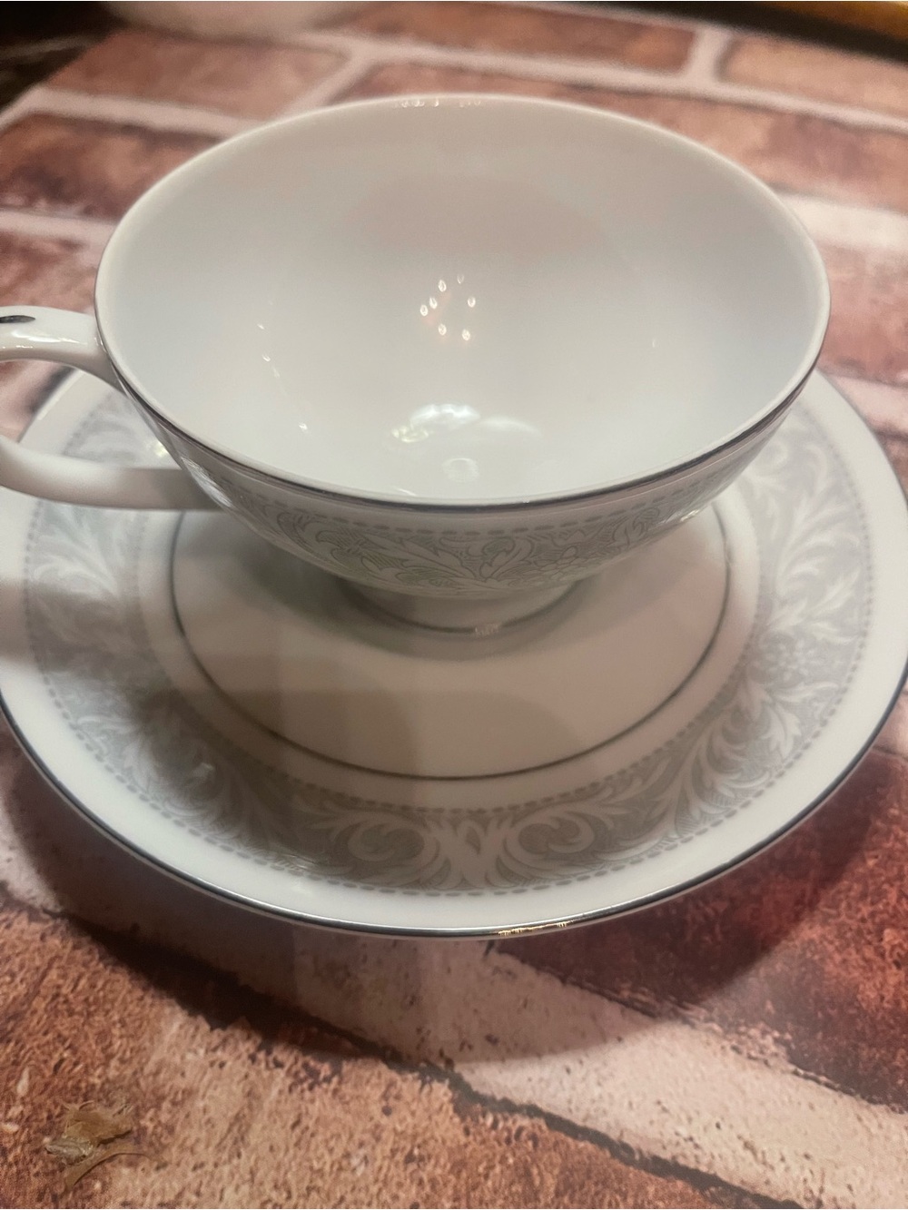 Antique White and Silver Porcelain Teacup and Saucer - Set of 2